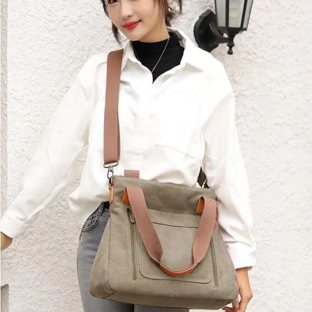 Canvas Tote Bag for Women Multi-pocket Shoulder Crossbody Work Purse